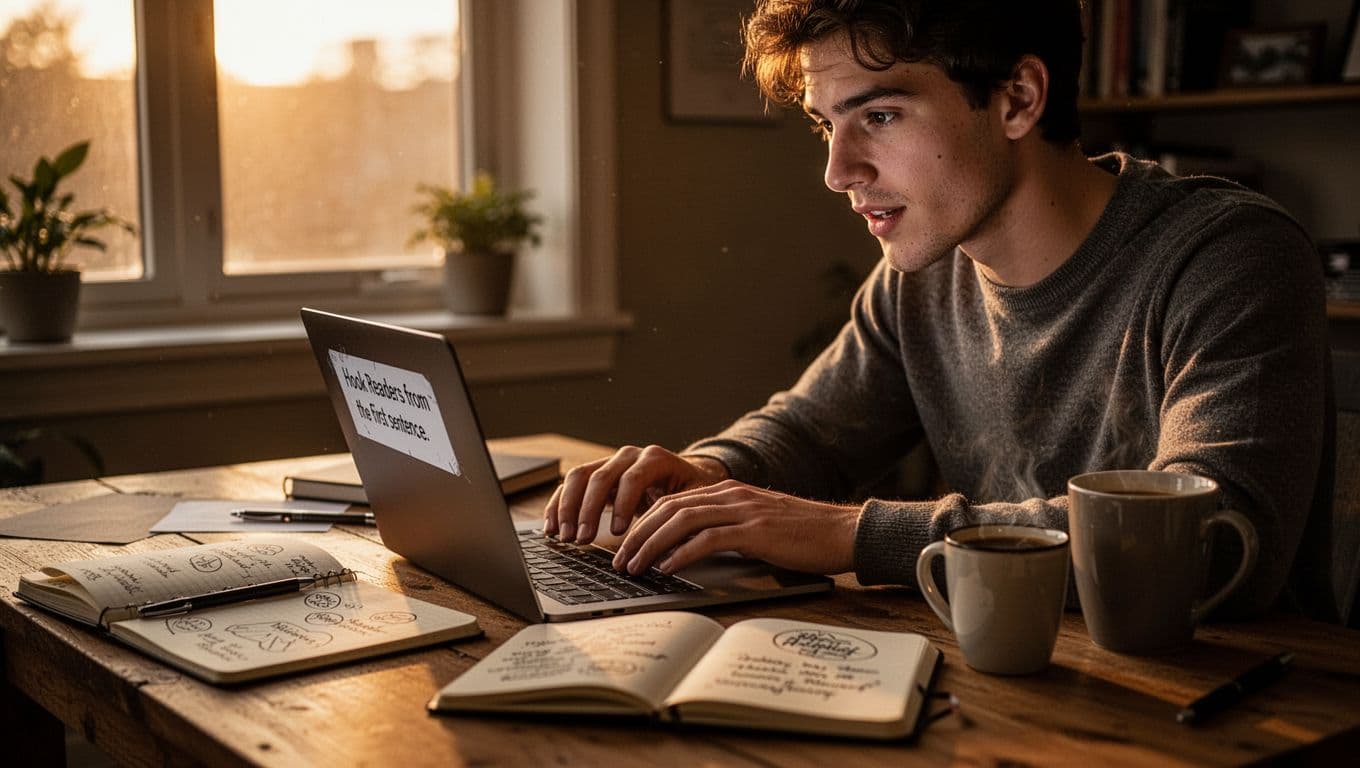 A young adult in mid-20s at a wooden desk in a quiet home office during golden hour, typing the opening sentence on a laptop with an inspired focused expression. Open notebook with scribbles and coffee mug nearby, medium close-up cinematic style with dramatic warm lighting.