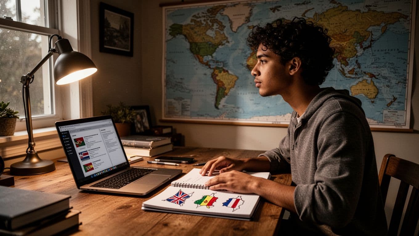 Mid-20s diverse international student sits at wooden desk in cozy home office with open laptop, notebook featuring sketched country flags, and world map on wall. Relaxed hands on notebook, thoughtful pose gazing at map, medium side-angle shot in cinematic style with dramatic lighting and warm tones.