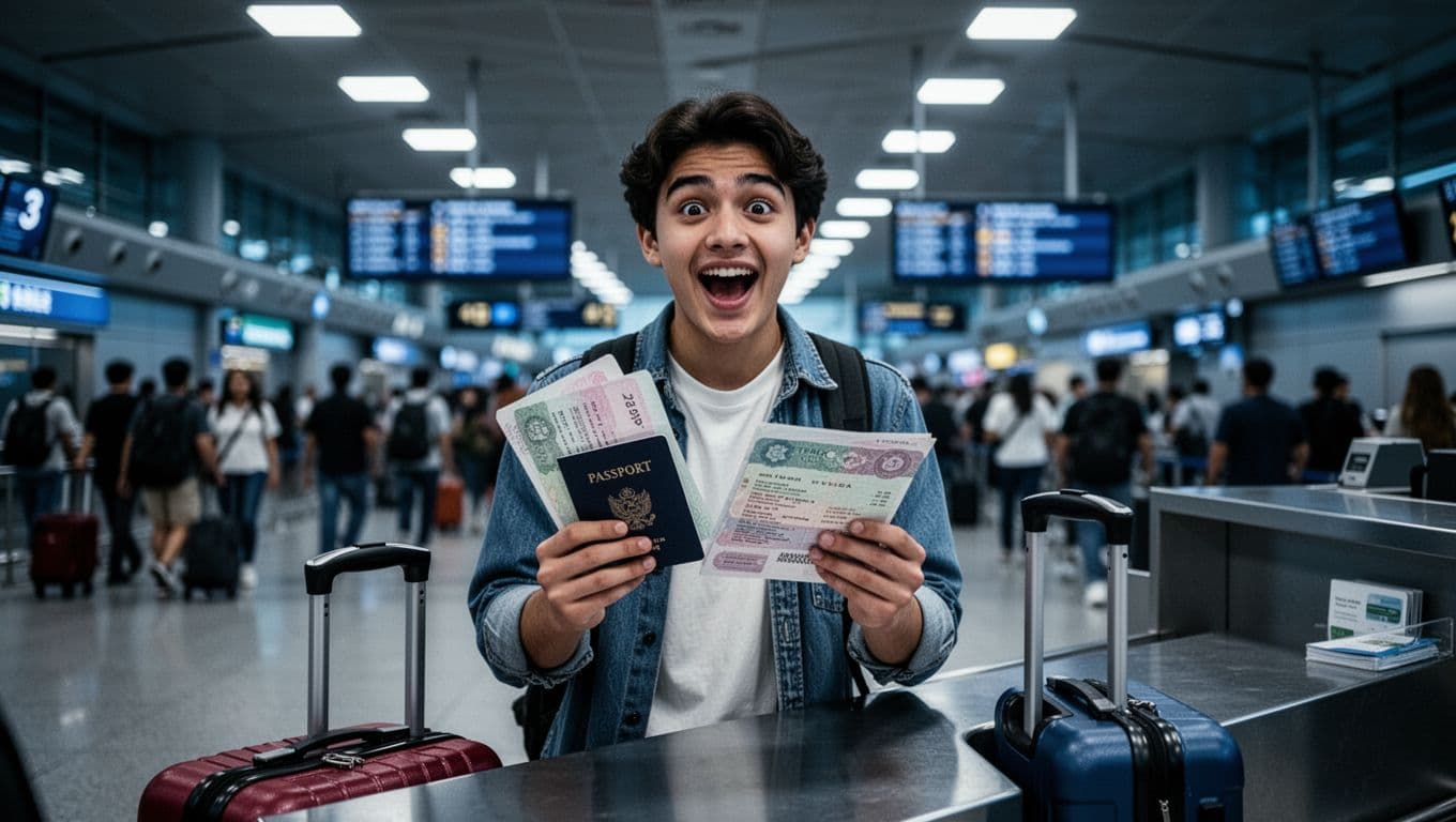 An excited student holds passport and visa documents loosely at an airport counter, with a suitcase nearby and blurred busy terminal background. Medium shot in cinematic style with strong contrast, depth, dramatic overhead lighting, and cool blue tones.