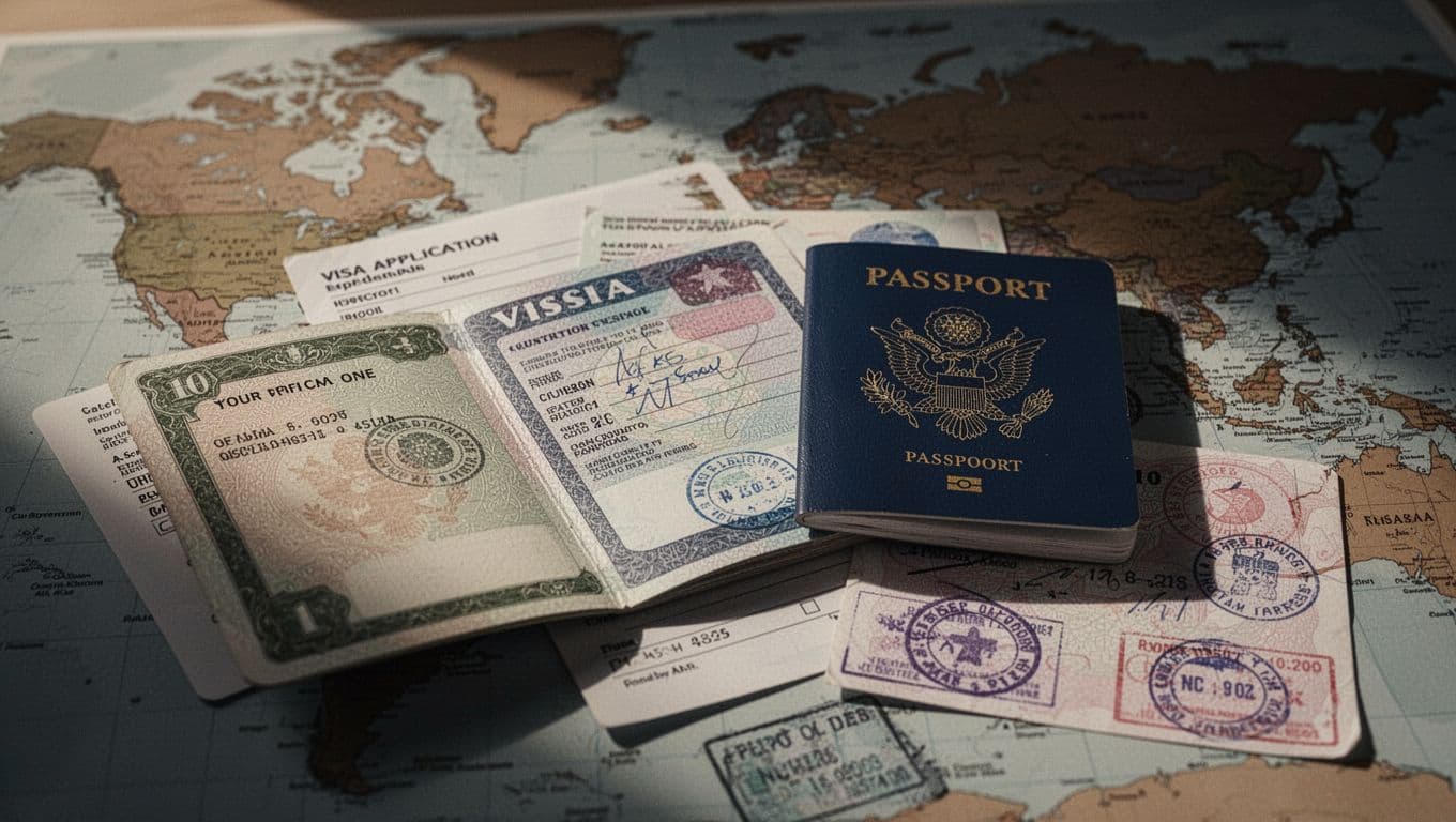 Close-up of an open passport next to visa application forms and stamps on a world map background in a home office with natural light and cinematic style.