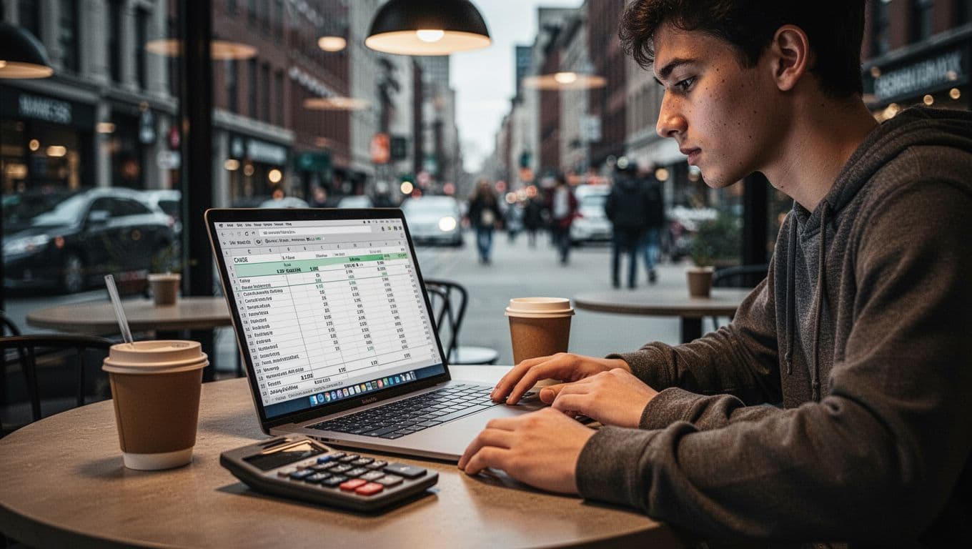 A focused student examines a budget spreadsheet on a laptop alongside a calculator at a cafe table, coffee cup nearby, with a blurred city street background.