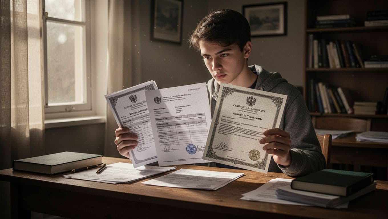 A focused student at a wooden desk in a cozy study room holds official academic transcripts and certificates with seals, highlighted by soft dramatic lighting from a window in cinematic style.