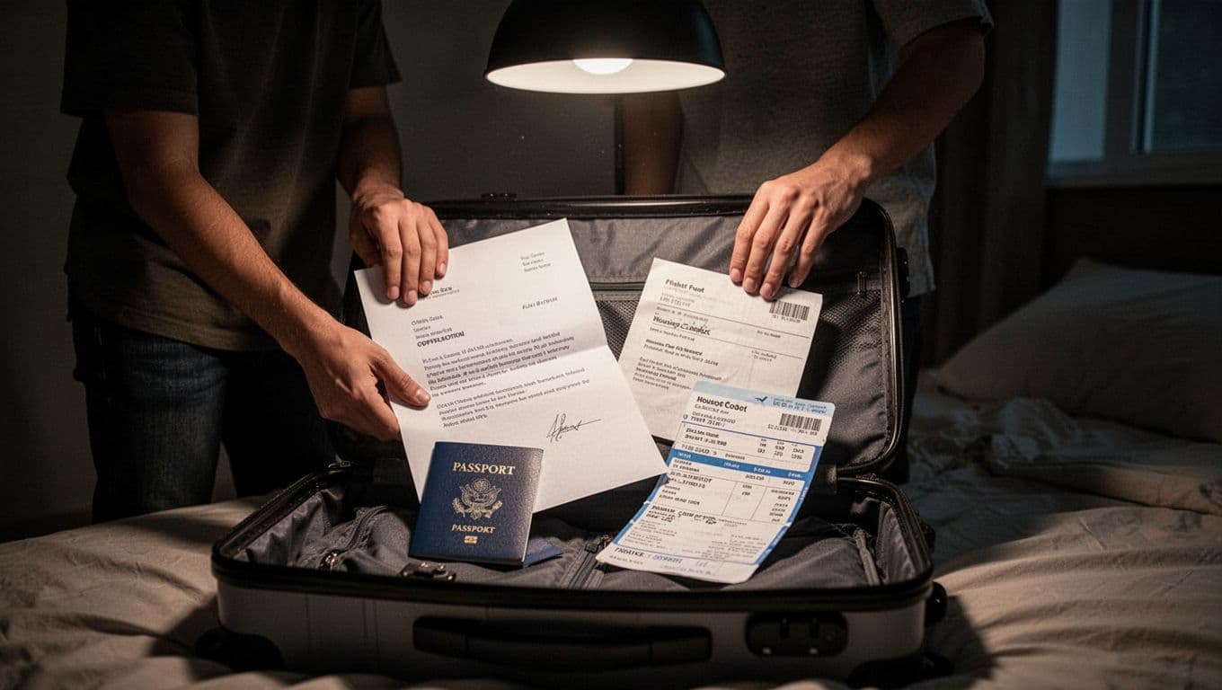 A student in a bedroom packs a suitcase with essential items like an offer letter, passport, flight ticket, and housing contract, illuminated by dramatic overhead lighting in muted warm tones with cinematic depth and contrast.