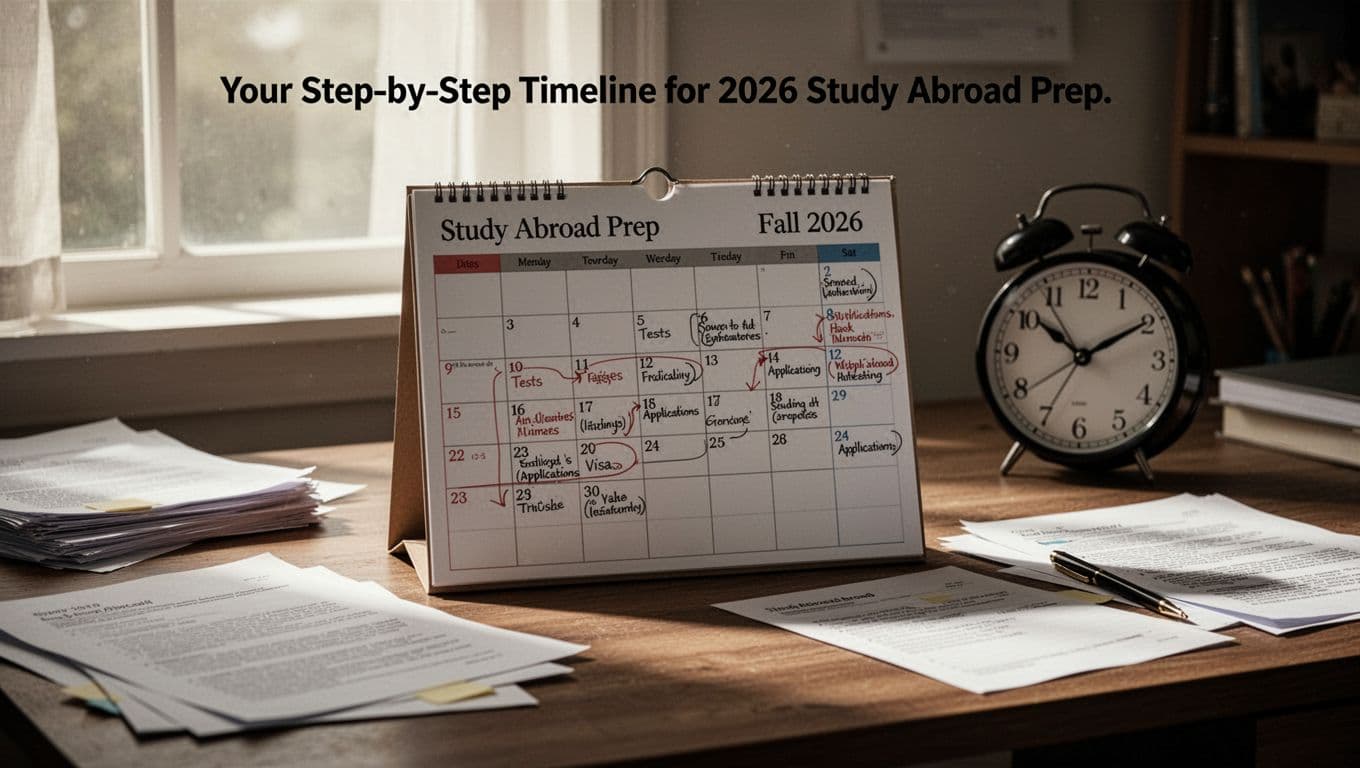 A calendar on a wooden desk marked with key study abroad preparation dates for Fall 2026, including tests, applications, and visas, surrounded by scattered documents and a clock in a bright room with natural window light.
