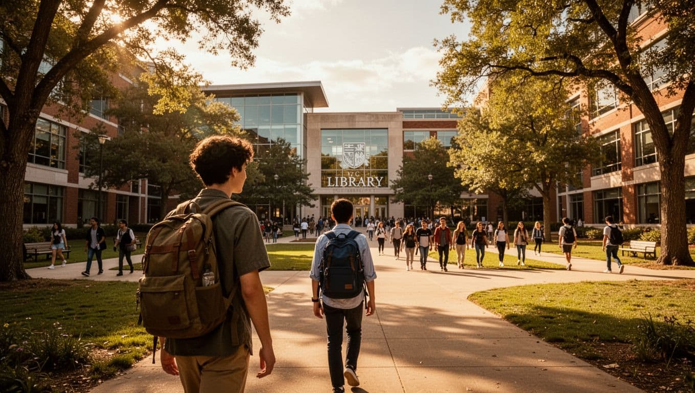 Vibrant university campus quad with modern buildings, lush trees, and diverse students in the distance, featuring one foreground student with backpack heading to the library on a sunny golden hour day. Cinematic wide shot with dramatic lighting, strong contrast, and earthy tones.