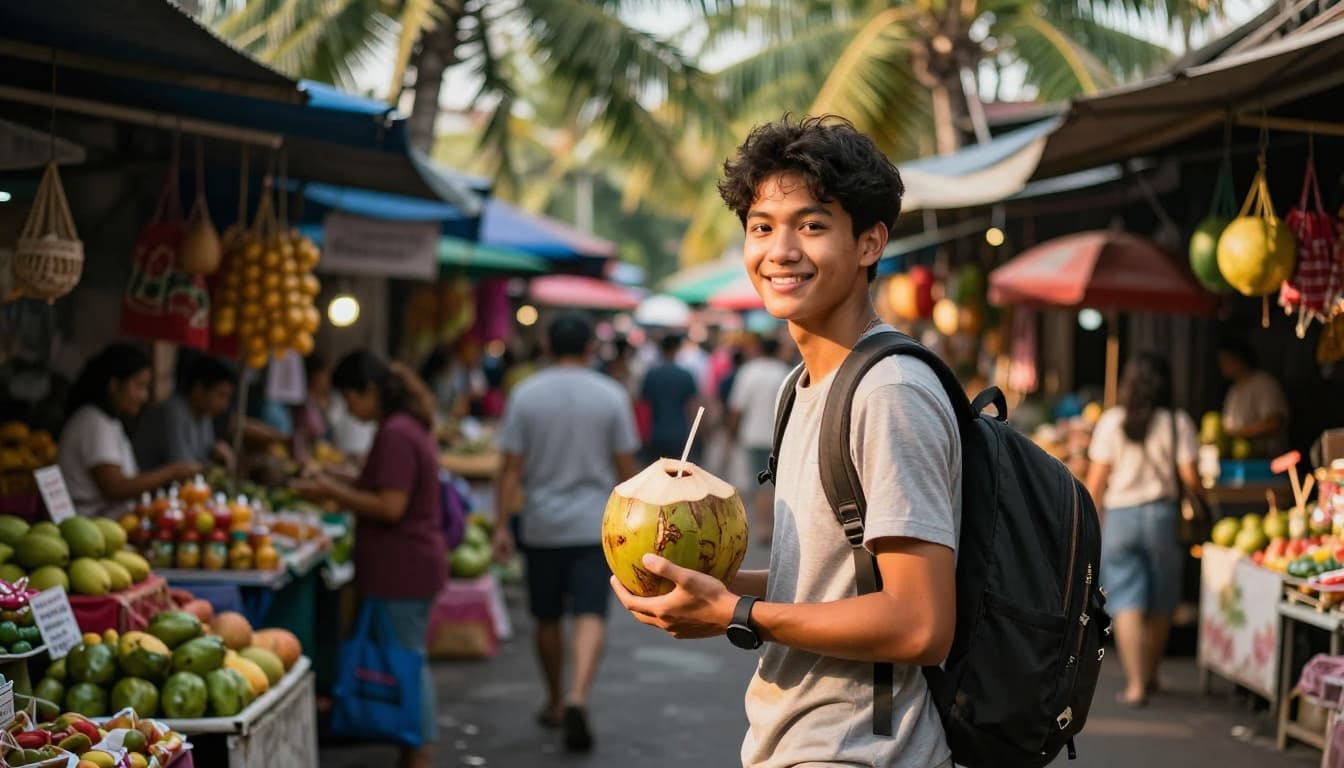 A young international student smiles confidently in a bustling Thai street market, holding a fresh coconut with a backpack over one shoulder, under dramatic golden hour lighting with depth of field blurring the vibrant stalls behind.